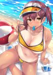  1girl arm_at_side arm_support ball bangs bare_shoulders beach beachball bikini bikini_pull blush breasts brown_hair closed_mouth collarbone day eyebrows_visible_through_hair hair_between_eyes highres large_breasts looking_at_viewer mizuhara_yuu mouth_hold navel non-web_source one-piece_tan original outdoors pink_nails pointing pointing_at_viewer pussy_juice sand short_hair side_ponytail sitting solo swimsuit tan tanline untied untied_bikini visor_cap water whistle whistle_around_neck yellow_bikini yellow_eyes 