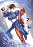  1girl blue_dress blue_fire boots bracelet breasts brown_eyes brown_hair brown_legwear bun_cover china_dress chinese_clothes chun-li cross-laced_footwear double_bun dress earrings eyebrows eyeshadow fighting_stance fire jewelry large_breasts lips makeup pantyhose puffy_short_sleeves puffy_sleeves sash shingo_(picturepuzzle) short_sleeves smile solo spiked_bracelet spikes standing standing_on_one_leg street_fighter street_fighter_ii_(series) twitter_username white_footwear 