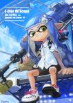  1girl absurdres bike_shorts blue_hair blue_sky buttons chamu_(chammkue) closed_mouth cloud collared_shirt day domino_mask dress_shirt e-liter_4k_(splatoon) frown green_eyes highres huge_filesize ink_tank_(splatoon) inkling long_hair mask outdoors pointy_ears shirt shoelaces shoes short_sleeves sitting sky solo splatoon_(series) splatoon_2 tentacle_hair twitter_username very_long_hair white_footwear white_shirt 