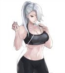  1girl abs bare_shoulders breasts brown_eyes cleavage earphones exercise hair_behind_ear halterneck high_ponytail highres large_breasts long_hair navel niijima_sae pants persona persona_5 silver_hair sports_bra stomach strap_pull the_kingduke white_background yoga_pants 