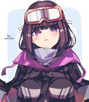  1girl :&lt; bangs black_hair black_jacket blue_background blush breasts closed_mouth commentary_request eyebrows_visible_through_hair fate/grand_order fate_(series) goggles goggles_on_head high_collar highres jacket long_hair medium_breasts osakabe-hime_(fate/grand_order) outline purple_eyes signature ski_goggles sofra solo twitter_username two-tone_background upper_body white_background white_outline 