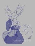  2020 4_fingers breasts cleavage clothed clothing delphox female fingers fur hi_res lingerie looking_at_viewer monochrome nintendo pok&eacute;mon pok&eacute;mon_(species) simple_background solo tongue tongue_out vegabondmonster video_games watermark 