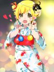  alternate_costume alternate_hairstyle animal_print blush_stickers character_mask fireworks fish_print heart highres japanese_clothes kimono mask mask_on_head monogatari_(series) msmrdaaaaa oshino_shinobu 