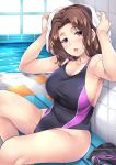  1girl armpits bangs bare_shoulders black_swimsuit blush breasts brown_hair cleavage collarbone competition_swimsuit day drying drying_hair eyebrows_visible_through_hair eyelashes goggles groin hands_up highres large_breasts looking_at_viewer medium_hair mizuhara_yuu navel non-web_source one-piece_swimsuit open_mouth original parted_bangs photoshop_(medium) pink_lips pool purple_eyes sitting solo swimsuit towel towel_on_head upper_teeth water wet wet_clothes wet_hair wet_swimsuit white_towel window 