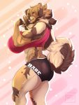 abs anthro big_breasts bottomwear breasts canid canine canis chen_(cherrikissu) clothing domestic_dog female hair_over_eyes hi_res huge_breasts mammal muscular muscular_female shorts solo spottedtigress 
