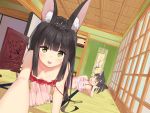  2girls :d all_fours animal_ear_fluff animal_ears armpits azur_lane black_hair breasts brown_eyes camisole cleavage closed_eyes commentary_request downblouse drooling foreshortening fox_ears highres long_hair looking_at_viewer lying mashiro_kta multiple_girls mutsu_(azur_lane) nagato_(azur_lane) navel on_floor on_side open_mouth outstretched_arm pink_camisole revision self_shot short_hair sleeping small_breasts smile strap_slip tatami thigh_gap very_long_hair zzz 