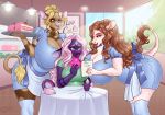  absurd_res anthro bent_over big_breasts blonde_hair bovid bovine breasts brown_hair cake cleavage clothed clothing dessert female food green_eyes group hair hi_res huge_breasts inside lilly-moo mammal purple_body spottedtigress waiter 