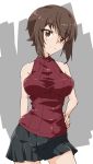  1girl arm_behind_back bangs black_skirt bob_(you-u-kai) breasts brown_eyes brown_hair casual closed_mouth commentary cowboy_shot eyebrows_visible_through_hair girls_und_panzer halterneck hand_on_hip head_tilt looking_at_viewer medium_breasts miniskirt nishizumi_maho pleated_skirt red_shirt ribbed_shirt shirt short_hair skirt sleeveless sleeveless_shirt smile solo standing 