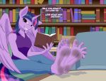  anthro barefoot book dirty dirty_feet english_text equid feet female foot_focus friendship_is_magic hasbro hi_res horn looking_at_viewer mammal my_little_pony nudeknightart soles solo text toes twilight_sparkle_(mlp) winged_unicorn wings 
