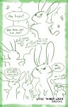  ambiguous_gender artist_name border comic dialogue ears_up english_text feral feralized flower fur hi_res lagomorph leporid male mammal monochrome open_mouth paws plant qalcove rabbit restricted_palette short_tail shrub simple_background speech_bubble text tuft 