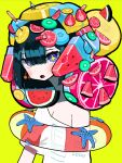  +_+ 1girl bangs black_hair blue_eyes blunt_bangs blunt_ends blush cherry_earrings earrings food food_on_head food_themed_earrings fork fruit fruit_on_head highres innertube jewelry kiwi_slice lemon lemon_slice muzinneki object_on_head off-shoulder_shirt off_shoulder open_mouth original shirt short_hair simple_background solo starfish strawberry transparent upper_body watermelon white_shirt yellow_background 