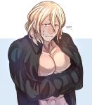  1boy ? bara black_shirt blonde_hair confused crossed_arms fire_emblem grey_eyes long_hair looking_to_the_side muscle nonbiri_monban pectorals scared shirt simple_background sweat teeth upper_body worried 