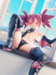  1girl 3d arm_rest beanis black_footwear black_panties blender_(medium) blurry blurry_foreground boots choker clenched_hand collar commentary demon_tail demon_wings depth_of_field disgaea earrings elbow_gloves english_commentary etna gloves hand_on_own_chest highres indoors jewelry knee_up lace lace_panties leg_up looking_at_viewer makai_senki_disgaea navel nipples open_window panties parted_lips red_eyes red_hair red_legwear slit_pupils solo spread_legs stomach tail thigh_boots thighhighs thighhighs_under_boots topless twintails underwear underwear_only wall window windowsill wings 
