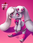  2020 2spot_studio anthro blush clothed clothing english_text female fur hi_res jo-vee-al lagomorph leporid looking_at_viewer mammal monster mumu_(bloody_bunny) pink_background rabbit red_eyes scar signature simple_background smile solo stitch_(disambiguation) text 
