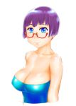  1girl blue_eyes breasts cleavage closed_mouth glasses large_breasts looking_at_viewer original short_hair simple_background smile solo ueyama_michirou white_background 