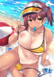  1girl arm_at_side arm_support ball bangs bare_shoulders beach beachball bikini bikini_pull blush breasts brown_hair closed_mouth collarbone day eyebrows_visible_through_hair hair_between_eyes highres large_breasts looking_at_viewer mizuhara_yuu mouth_hold navel non-web_source one-piece_tan original outdoors pink_nails pointing pointing_at_viewer pussy_juice sand short_hair side_ponytail sitting solo swimsuit tan tanline untied untied_bikini visor_cap water whistle whistle_around_neck yellow_bikini yellow_eyes 