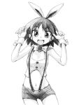  1girl :d animal_ears bangs bike_shorts bow bowtie bunny_ears commentary cowboy_shot eyebrows_visible_through_hair fake_animal_ears girls_und_panzer gofu greyscale looking_at_viewer midriff monochrome navel open_mouth paw_pose sakaguchi_karina shirt short_hair short_shorts shorts sleeveless sleeveless_shirt smile solo standing suspender_shorts suspenders wrist_cuffs 