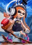  1girl :d ^_^ absurdres apron bike_shorts black_apron blue_sky can chamu_(chammkue) closed_eyes cloud day domino_mask goo_tuber_(splatoon) headphones highres holding holding_can huge_filesize ink_tank_(splatoon) inkling legs_apart long_hair mask open_mouth orange_hair outdoors paint pen pigeon-toed pin pink_footwear pocket shirt shoelaces shoes short_sleeves sky smile smiley_face sneakers solo splatoon_(series) splatoon_2 standing suction_cups t-shirt teeth tentacle_hair twitter_username very_long_hair white_shirt 
