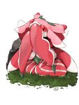  commentary_request covering_mouth full_body gen_7_pokemon grass head_tilt kneeling looking_at_viewer lurantis no_humans pokemon pokemon_(creature) red_eyes rock shiny signature solo watermark white_background yuyu_ekaki_dayo 