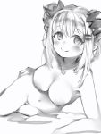  1girl arm_support breasts closed_mouth copyright_request greyscale hair_ornament hairclip heart heart_necklace highres horns large_breasts looking_at_viewer lying medium_hair monochrome nanashi_(nlo) navel nude on_side pointy_ears simple_background smile solo thigh_gap white_background 