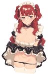  1girl 2l_(2lsize) absurdres bangs black_eyes black_gloves black_panties blush breasts brown_hair choker cleavage earrings gloves highres jewelry lifted_by_self maid original panties simple_background skirt skirt_lift solo thighhighs two_side_up underwear white_background white_legwear 