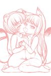  2girls animal_ear_fluff animal_ears asymmetrical_docking belly_to_belly blush_stickers breast_press breasts commentary_request eyebrows eyebrows_visible_through_hair fang flat_chest fox_ears fox_tail french_kiss from_side holding_hand kiss kneeling komugi_(lee) large_breasts leaning_forward lee_(colt) long_hair looking_at_viewer miku_(lee) monochrome multiple_girls naughty_face nude open_mouth original raccoon_ears raccoon_tail short_hair simple_background sketch tail thighs tongue tongue_out white_background yuri 
