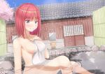  1girl armpits bangs blue_eyes blunt_bangs blush breasts cherry_blossoms collarbone go-toubun_no_hanayome highres knee_up looking_at_viewer nakano_nino onsen outdoors pink_hair plu_xx shiny shiny_skin sideboob sitting smile towel v-shaped_eyebrows water wet wet_towel 