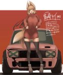  animal_ears boots breasts brown_eyes brown_hair car ground_vehicle hands_on_hips highres large_breasts looking_at_viewer motor_vehicle open_mouth original sweater tail thighhighs xyv_1 