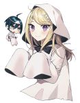 1boy 1girl ahoge akamatsu_kaede artist_name bangs black_bow black_hair blonde_hair blush bow chibi closed_mouth commentary_request cropped_torso dalrye_v3 danganronpa ghost_costume hair_between_eyes hair_ornament hood long_hair long_sleeves looking_at_viewer musical_note musical_note_hair_ornament new_danganronpa_v3 open_mouth purple_eyes saihara_shuuichi short_hair simple_background sleeves_past_fingers sleeves_past_wrists smile solo_focus twitter_username white_background 