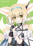  1girl animal_ear_fluff animal_ears arknights bangs bare_shoulders black_gloves blue_hairband brown_eyes commentary_request eyebrows_visible_through_hair flower gloves green_background hair_between_eyes hairband highres holding holding_flower light_brown_hair lily_of_the_valley multicolored_hair multiple_tails panikuru_yuuto single_glove single_wrist_cuff solo striped suzuran_(arknights) tail twitter_username two-tone_background two-tone_hair upper_body vertical_stripes white_background white_flower white_hair wrist_cuffs 