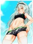  1girl aek-999_(girls_frontline) bangs blue_sky blush breasts bulge commentary_request erection erection_under_clothes from_below futanari girls_frontline goggles goggles_on_head grey_hair hair_between_eyes highres large_breasts long_hair looking_at_viewer navel shimizu_ginkaku short_shorts shorts sky solo thighhighs white_legwear yellow_eyes 