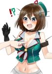  !? 1girl 1other absurdres beret black_gloves blue_eyes blush breast_poke breasts brown_hair cleavage commentary_request gloves green_headwear hair_ornament hairclip hat hat_ribbon headgear highres kantai_collection large_breasts maya_(kantai_collection) midriff mini_hat nose_blush open_mouth pleated_skirt poking red_ribbon remodel_(kantai_collection) ribbon school_uniform serafuku short_hair simple_background skirt sleeveless solo_focus toriniku_senshi_chikinman white_background x_hair_ornament 