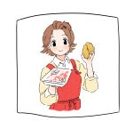  1girl absurdres apron brown_eyes brown_hair collar eyebrows_visible_through_hair food highres holding holding_food honda_mio idolmaster iwashi_iwashimo long_sleeves red_apron shirt short_hair simple_background smile solo white_background white_collar yellow_shirt 