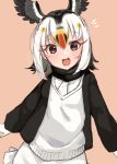  1girl atlantic_puffin_(kemono_friends) bird_girl bird_wings black_hair black_jacket black_scarf blonde_hair blush commentary_request cowboy_shot eyebrows_visible_through_hair hair_between_eyes head_wings highres jacket kemono_friends komiojisan long_sleeves looking_at_viewer multicolored_hair necktie open_mouth orange_hair red_eyes scarf shirt short_hair skirt smile solo sweater white_hair white_neckwear white_shirt white_skirt white_sweater wings 