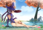  1girl ass back bangs black_hair blue_eyes blue_sky breasts feet flower genshin_impact hat joko_jmc legs leotard lily_(flower) lily_pad long_hair looking_at_viewer looking_back mage medium_breasts mona_(genshin_impact) pond purple_headwear purple_leotard rock sky soles thighlet tree twintails vision_(genshin_impact) water white_background witch_hat 