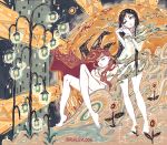  2girls abstract abstract_background art_nouveau ashleyloob barefoot black_hair closed_eyes closed_mouth expressionless flat_color flower gustav_klimt_(style) hands_together highres legs_folded long_hair multiple_girls muted_color nude original patterned_hair red_hair sitting standing sun surreal twitter_username 
