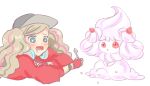  alcremie alcremie_(strawberry_sweet) baseball_cap blonde_hair blue_eyes crossover gen_8_pokemon guririries hat hungry persona persona_5 persona_5:_dancing_star_night persona_dancing pokemon pokemon_(creature) pokemon_(game) pokemon_swsh red_shirt shirt spoon takamaki_anne 