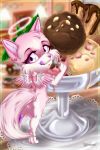  anthro ariveil butt canid canine cutlery dessert detailed_background ear_piercing female fluffy fluffy_tail food fur hi_res holding_object ice_cream kitchen_utensils mammal multicolored_body multicolored_fur piercing pink_body pink_eyes pink_fur smile solo spoon tongue tongue_out tools white_body white_fur 