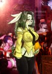  absurd_res anthro big_breasts bluewolfartista breasts eyewear female fur glasses green_body green_fur green_hair group hair hi_res horn jackalope lagomorph leporid long_ears male male/female mammal orange_eyes rabbit solo text 