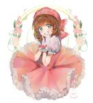  1girl brown_hair cardcaptor_sakura dress green_eyes hat highres kinomoto_sakura looking_at_viewer medium_hair pink_dress pink_headwear seveneightdu smile solo 