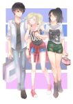  1boy 2girls amamiya_ren bag black_hair blonde_hair blue_eyes closed_eyes denim guririries jeans lowres multiple_girls pants persona persona_5 red_footwear shirt shorts smile suzui_shiho takamaki_anne 