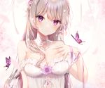  brown_hair butterfly cherry_blossoms close cropped flowers long_hair original purple_eyes taya_(pixiv5323203) 
