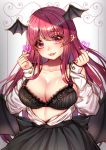  1girl bare_shoulders bat_wings black_bra black_nails black_skirt black_wings bra breasts cleavage collarbone earrings glint head_tilt head_wings heart heart-shaped_pupils highres jewelry koakuma lace-trimmed_bra lace_trim large_breasts lips long_hair long_sleeves looking_at_viewer momoyama_riyo nail_polish parted_lips pointy_ears red_eyes red_hair shirt skirt smile solo symbol-shaped_pupils touhou unbuttoned unbuttoned_shirt underwear upper_body white_shirt wings 