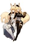  2girls alcohol animal_ear_fluff animal_ears arknights arm_around_shoulder armor armored_boots aunt_and_niece beer beer_mug belt black_footwear black_legwear blemishine_(arknights) boots chinese_commentary closed_eyes commentary cup drinking drunk english_commentary extra_ears eyebrows_visible_through_hair fang full_body gauntlets hat highres holding holding_cup horse_ears horse_tail looking_at_viewer mixed-language_commentary mug multiple_belts multiple_girls nervous nervous_smile open_mouth simple_background sitting skin_fang smile tail taziku thighhighs thighs v-shaped_eyebrows whislash_(arknights) white_background yellow_eyes zettai_ryouiki 