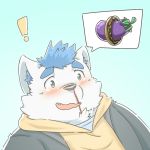  ! 1:1 2020 anthro blood blue_background blush bodily_fluids canid canine clothing cute_fangs dessert doughnut eggplant food fruit hoodie kemono male mammal noichi_53 nosebleed overweight overweight_male plant simple_background solo topwear 
