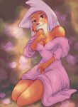  2020 anthro bare_shoulders bedroom_eyes blurred_background breasts canid canine cleavage clothed clothing disney dress female fox headgear hood kneeling looking_at_viewer maid_marian mammal mazzlesdraws narrowed_eyes robin_hood_(disney) seductive simple_background solo undressing 