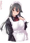  1girl alternate_costume apron black_dress black_hair blush brown_eyes collared_dress dress ebifurya enmaided eyebrows_visible_through_hair hair_between_eyes hair_ornament hairclip haruna_(kantai_collection) highres kantai_collection long_hair long_sleeves looking_at_viewer maid maid_apron maid_headdress medium_hair neckerchief puffy_long_sleeves puffy_sleeves red_neckwear simple_background solo twitter_username upper_body 