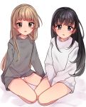  2girls between_legs black_eyes black_hair brown_hair fukuyama_mai ggyoku green_eyes grey_sweater hand_between_legs highres idolmaster idolmaster_cinderella_girls long_hair looking_at_viewer multiple_girls no_pants open_mouth panties simple_background sitting sleeves_past_wrists sweater thighs underwear white_background white_panties white_sweater yokoyama_chika 