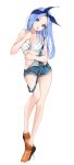  1girl :p bandana bare_shoulders blue_eyes blue_hair breasts chaesu cleavage collarbone denim forehead front-tie_top full_body head_tilt highres long_hair long_legs looking_at_viewer medium_breasts minah_(chaesu) navel no_bra orange_footwear original overall_shorts shoes sneakers solo standing suspenders_hanging tongue tongue_out tying untied_shoes 