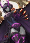  1girl black_hair breasts dragon_girl gore_magala grey_skin highres horns jojobirdz large_breasts looking_at_viewer monster_girl monster_hunter open_mouth personification purple_eyes short_hair thick_thighs thighs wings 
